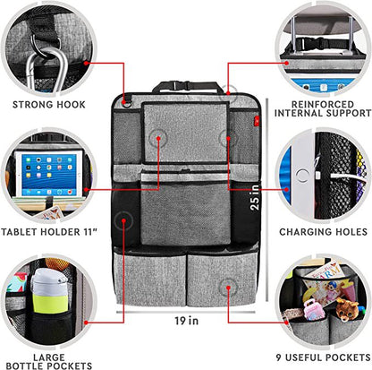 Multifunctional organizer bag with various compartments and features highlighted.