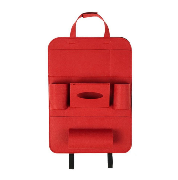 Red car organizer with multiple pockets and a handle on a white background