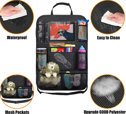 Car backseat organizer with various compartments and features highlighted.