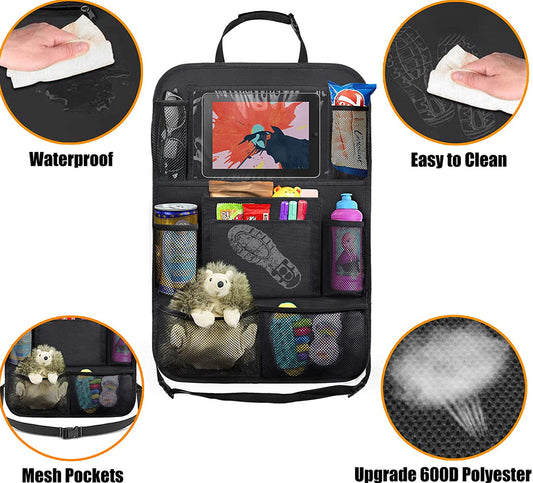 Car backseat organizer with various compartments and features highlighted.