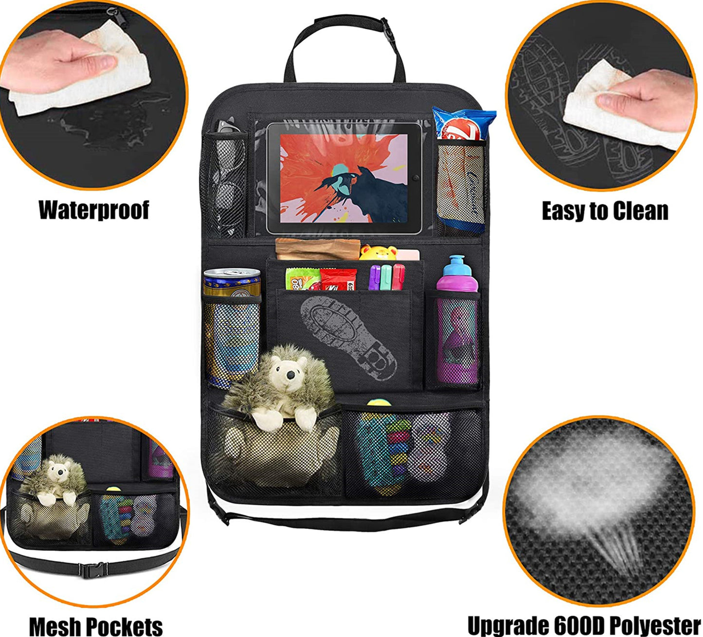 Car backseat organizer with various compartments and features highlighted.