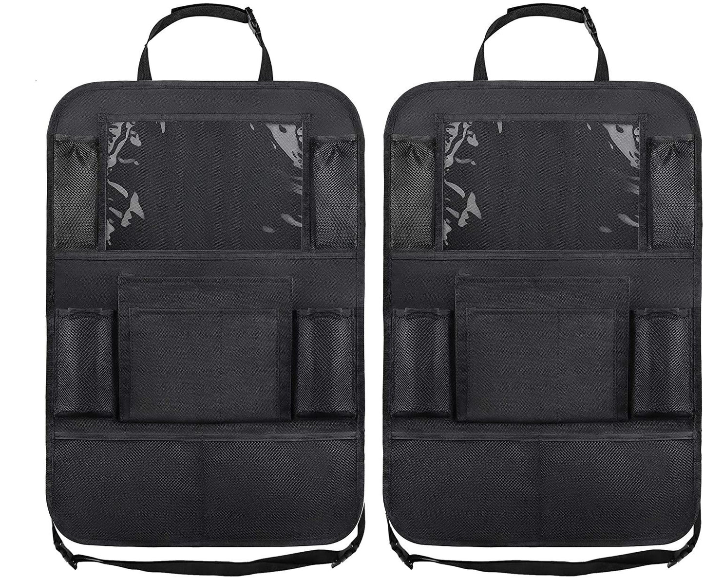 Two black car seat back organizers with multiple pockets on a white background