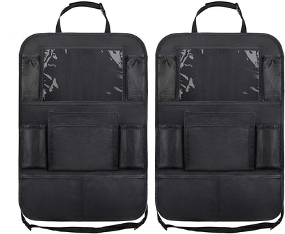 Two black car seat back organizers with multiple pockets on a white background