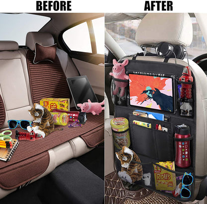 Before and after comparison of a car backseat with an organizer.