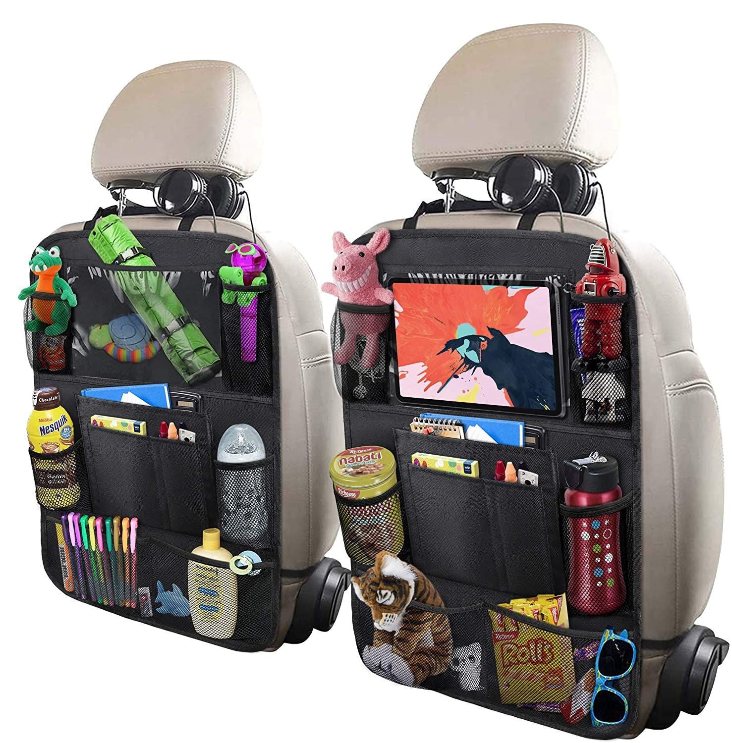 Car seat organizer with various items on a beige car seat