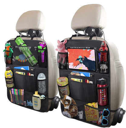 Car seat organizer with various items on a beige car seat