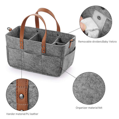 Large capacity felt bag showing versatile storage for nursery or travel use