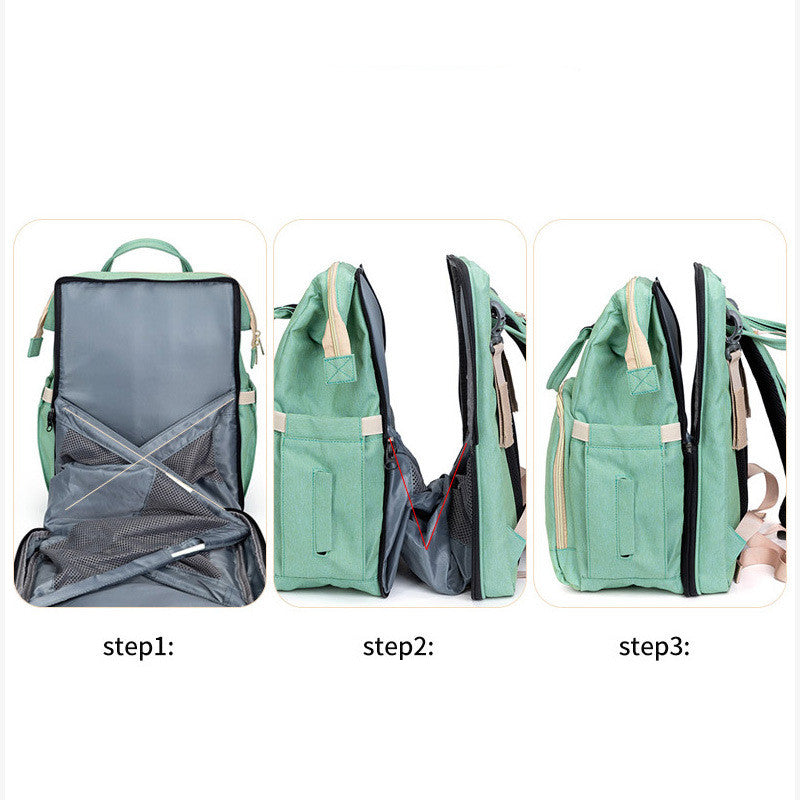 Green backpack shown in three different stages of being opened on a white background
