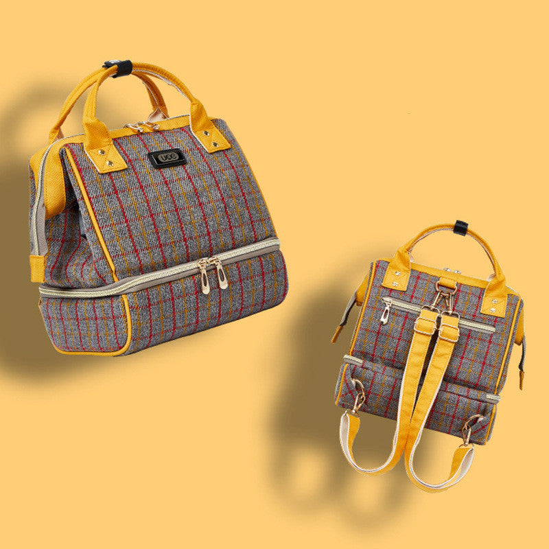 Two plaid handbags with yellow accents on a yellow background