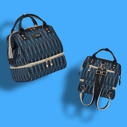 Two blue patterned handbags on a blue background