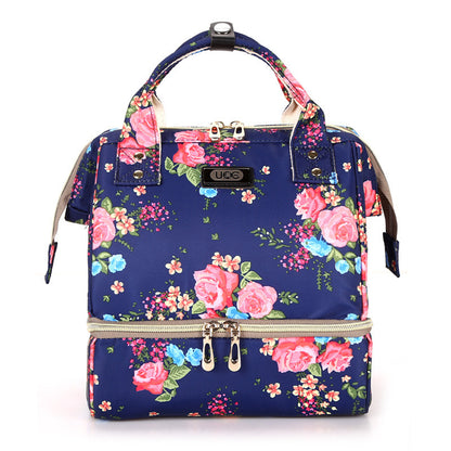 Floral-patterned backpack with a visible brand logo on a white background