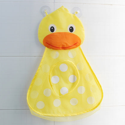 Yellow duck-shaped mesh bag with a orange beak on a white tiled wall background