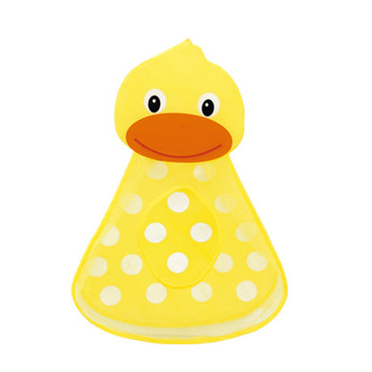 Yellow duck-shaped toy with polka dots on a white background