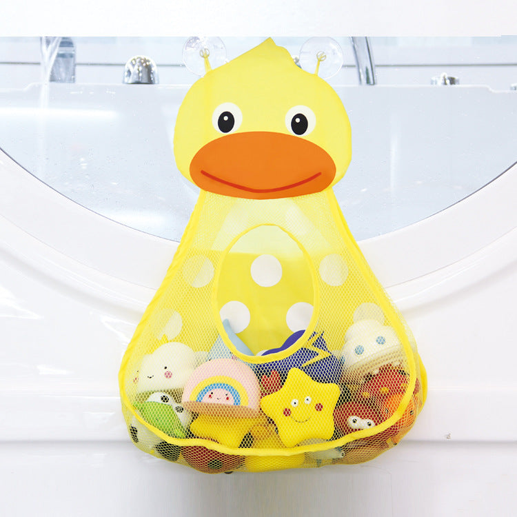 Yellow duck-shaped mesh bag with bath toys on a white background