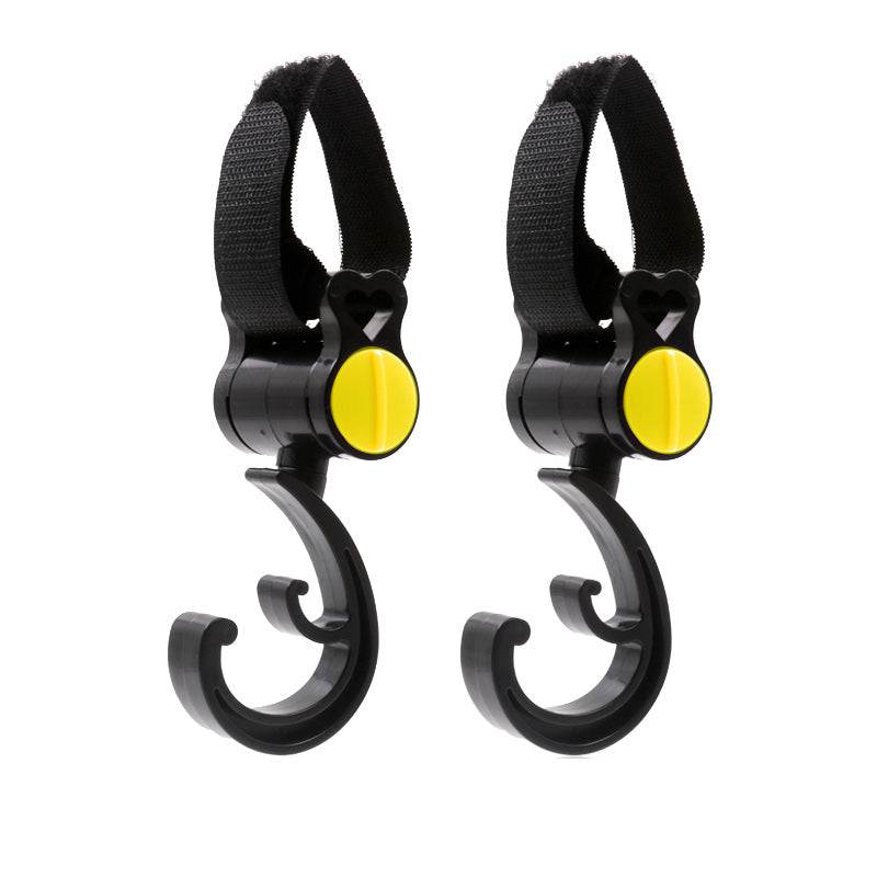 Stroller bag hook showing secure attachment to stroller frame