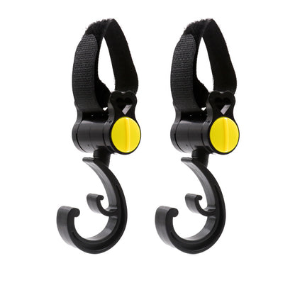 Stroller bag hook showing secure attachment to stroller frame
