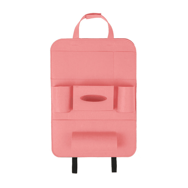 Pink car seat organizer with cup holder and storage pockets on a white background