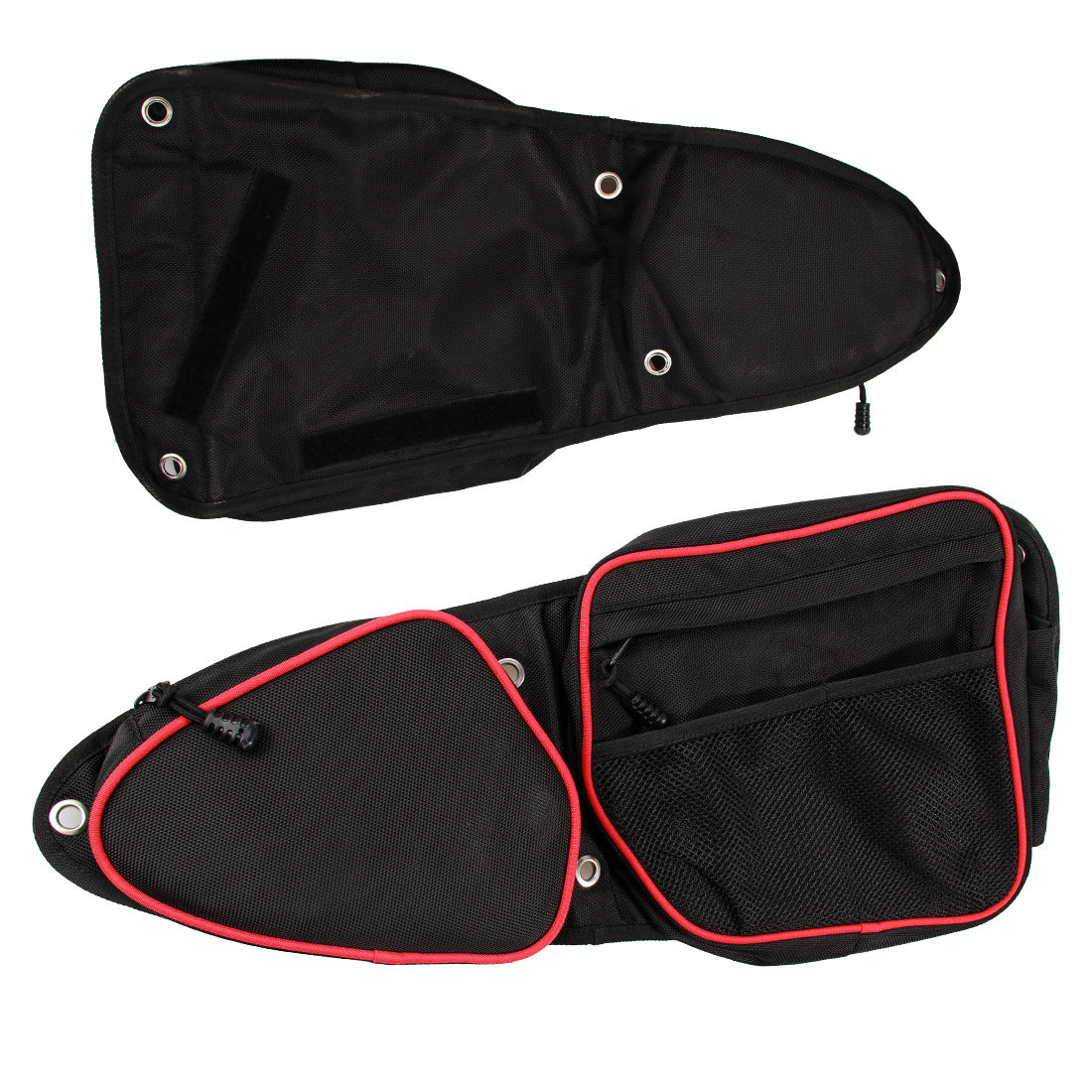 Two black bags with red trim on a white background