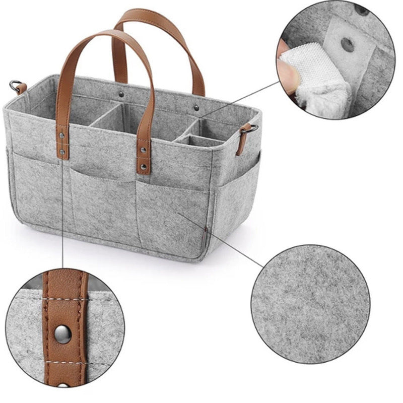 Stroller diaper bag made of durable felt material with zippered storage