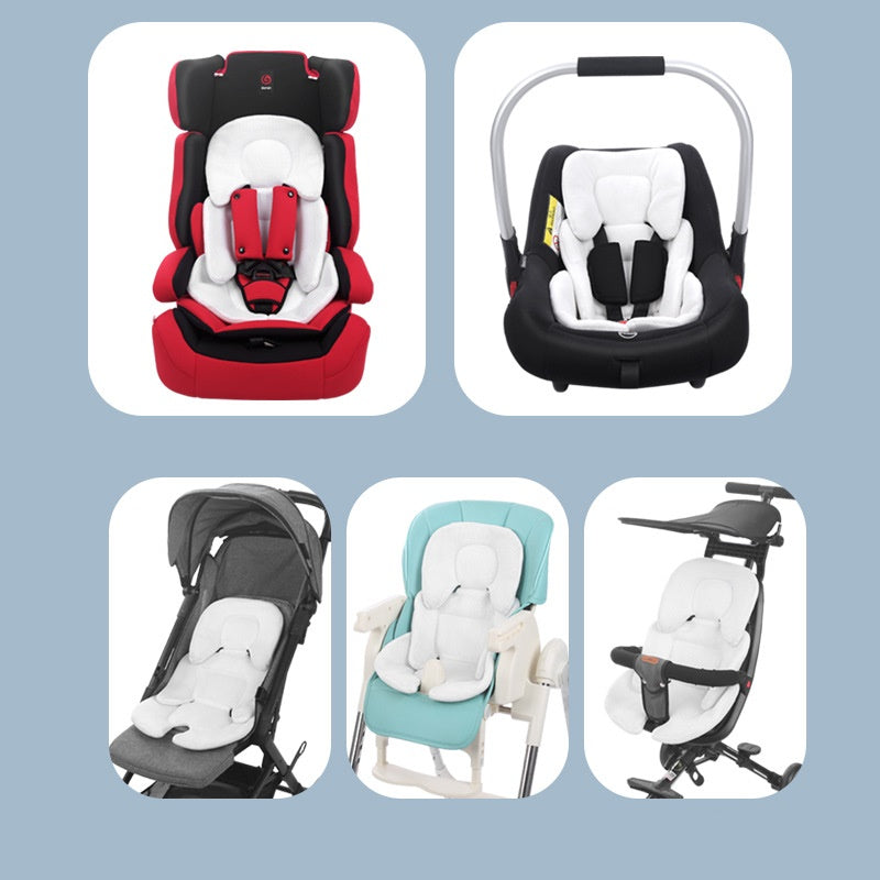 Baby stroller cushion showing head and body support for newborn