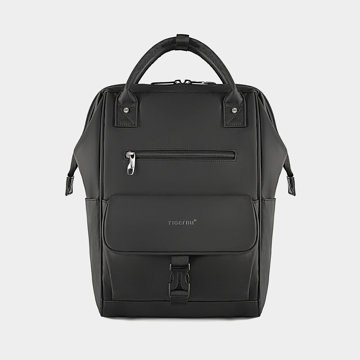 Black backpack with visible brand logo on a light gray background