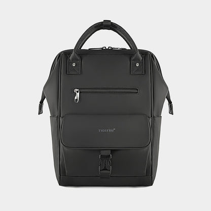 Black backpack with visible brand logo on a light gray background