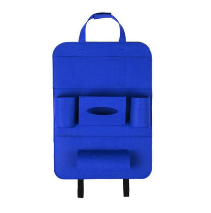 Blue car back seat organizer with multiple pockets and a handle on a white background