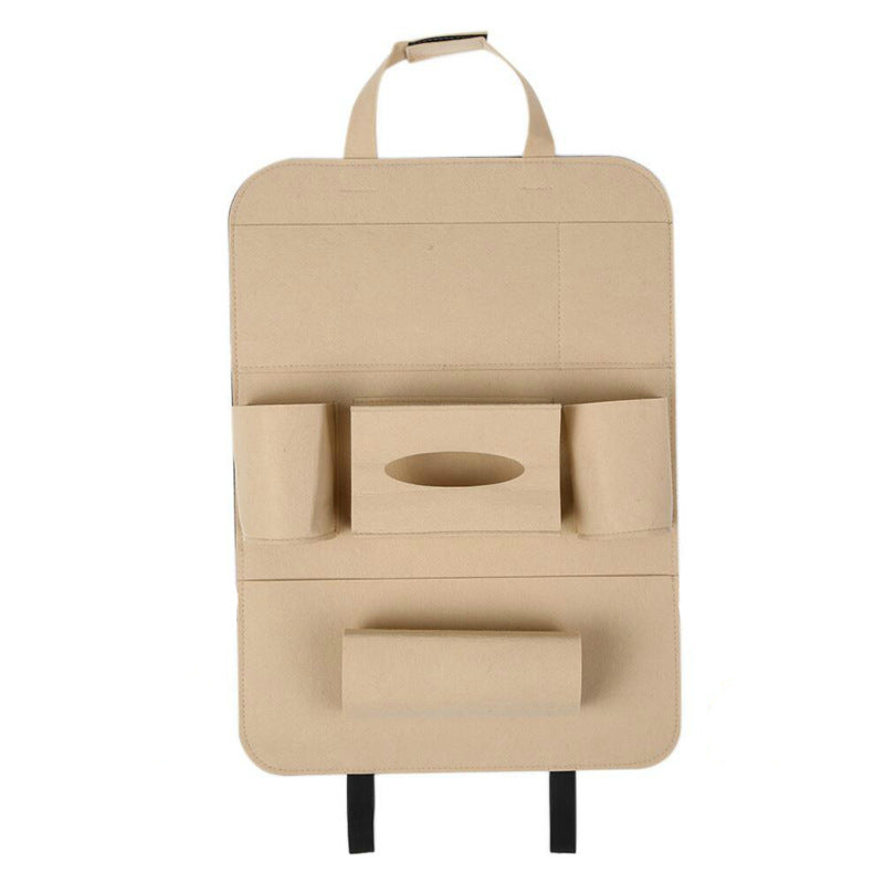 Beige car seat organizer with multiple pockets on a white background