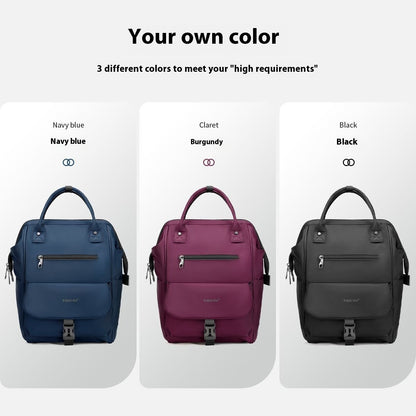 Three backpacks in navy blue, claret, and black with color options displayed.