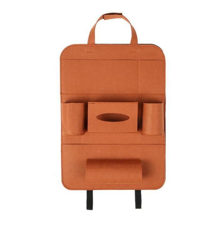 Orange car organizer with multiple pockets on a white background
