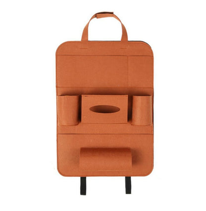 Orange car organizer with multiple pockets on a white background