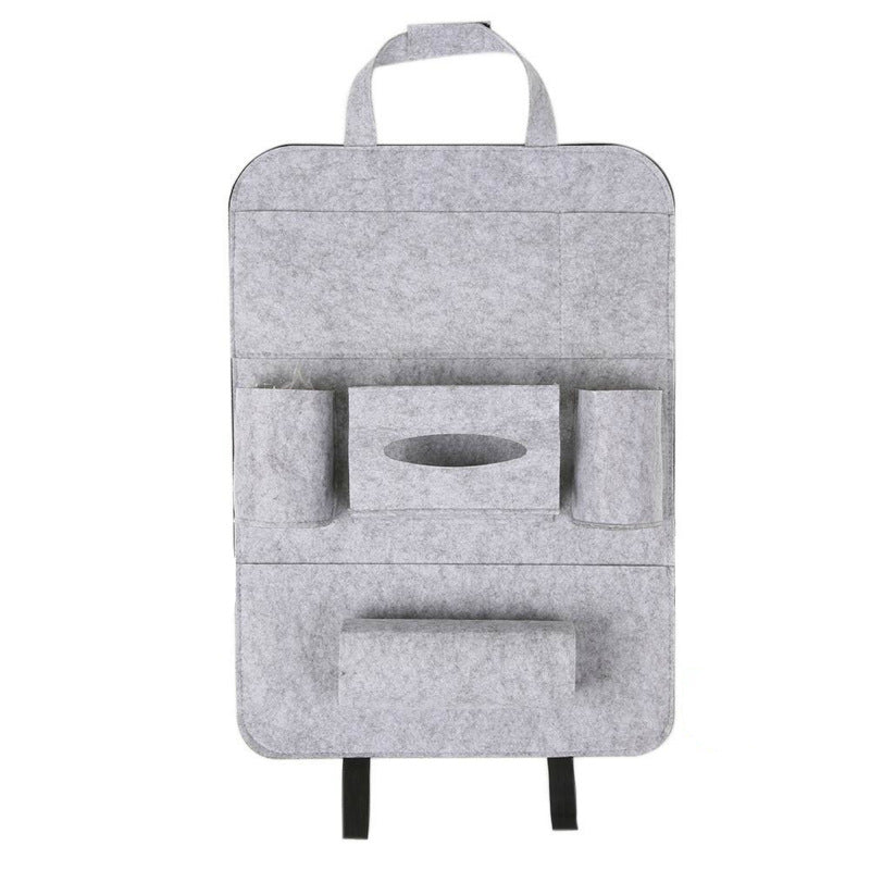 Gray car seat organizer with multiple pockets on a white background