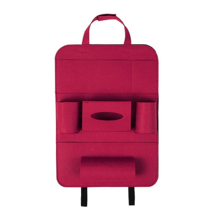 Red car seat organizer with multiple pockets on a white background