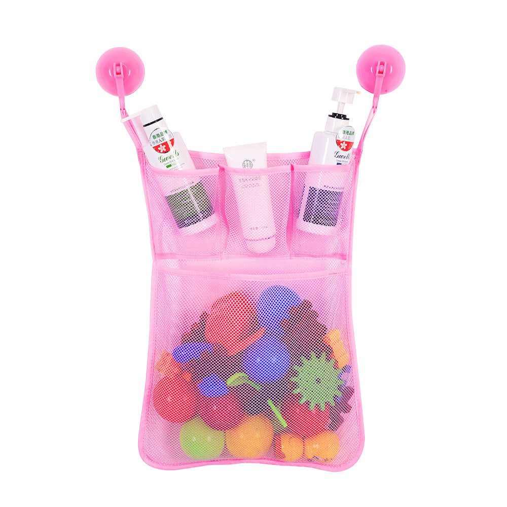 Pink mesh toy storage bag with colorful balls and bottles on a white background