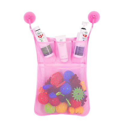 Pink mesh toy storage bag with colorful balls and bottles on a white background