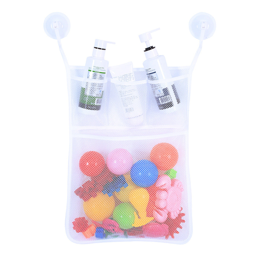 Clear mesh bag with colorful balloons and bottles on a white background