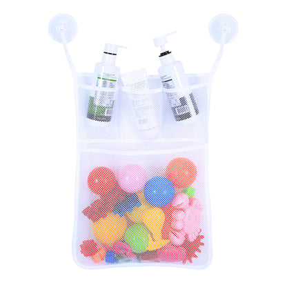 Clear mesh bag with colorful balloons and bottles on a white background