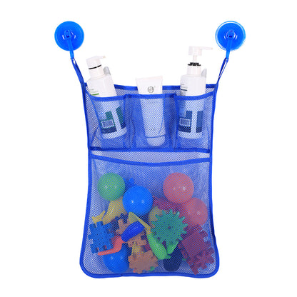Blue mesh shower caddy with suction cups holding bath products and toys on a white background