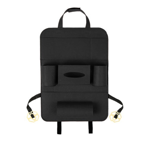 Black car seat organizer with multiple pockets on a white background