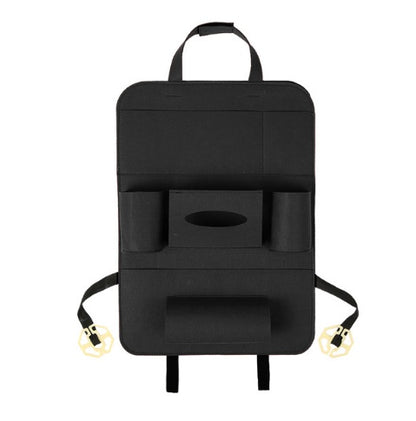 Black car seat organizer with multiple pockets on a white background