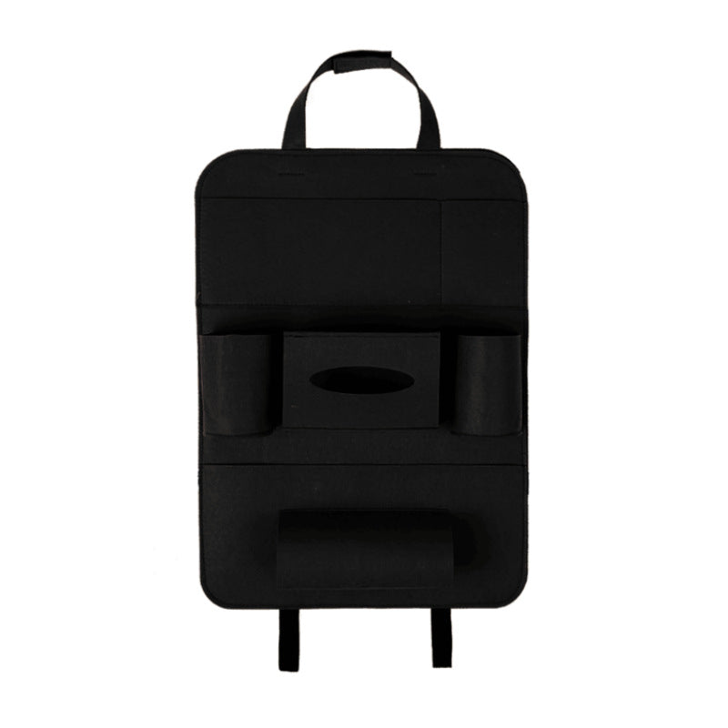 Black car organizer with multiple pockets and a handle on a white background