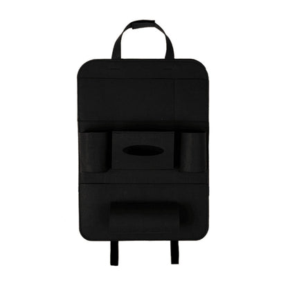 Black car organizer with multiple pockets and a handle on a white background