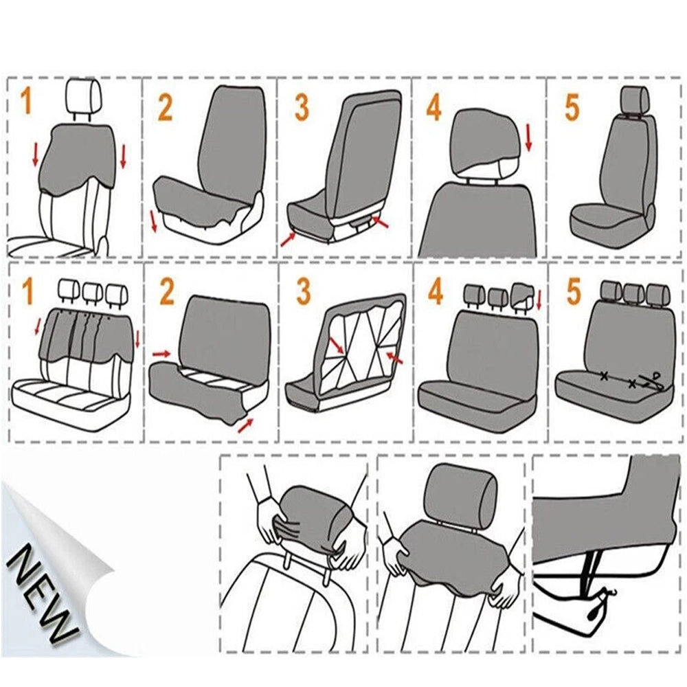 9pcs Full Set Universal PU Leather Seat Covers Protectors Non-Slip Cover--BLACK