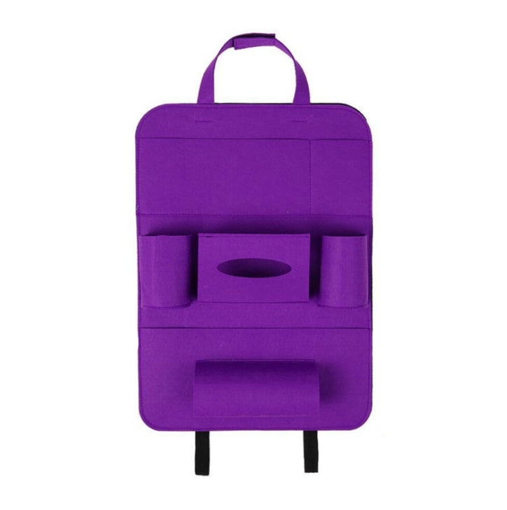 Purple car organizer with multiple pockets and a cup holder on a white background