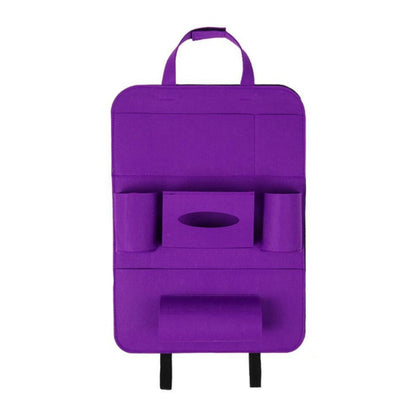 Purple car organizer with multiple pockets and a cup holder on a white background