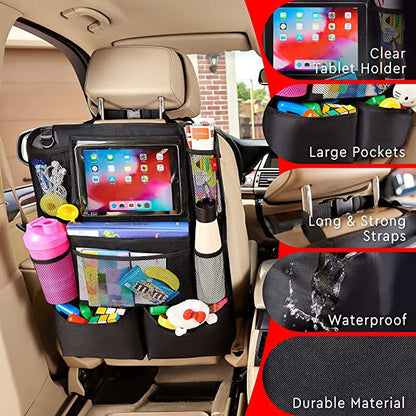 Car back seat organizer with tablet holder, large pockets, and waterproof feature.