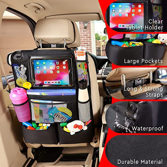Car back seat organizer with tablet holder, large pockets, and waterproof feature.