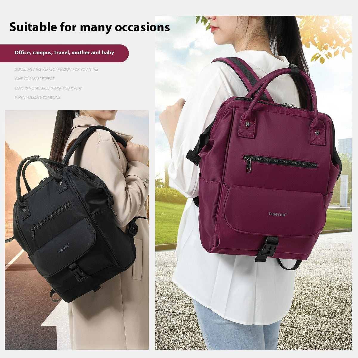 Two backpacks, one black and one purple, worn by people in various settings.