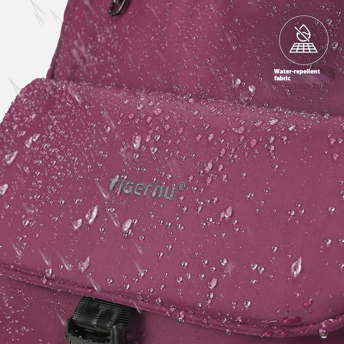 Purple bag with water droplets showing water-repellent fabric, featuring the Tigernu brand.