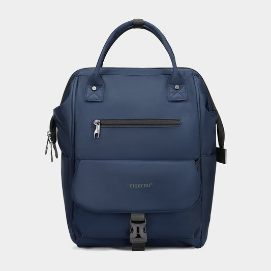 Blue backpack with visible brand name on a light gray background